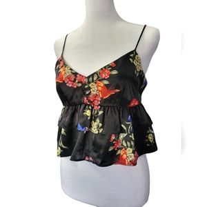 TIMING Black Floral Satin Sleeveless Blouse